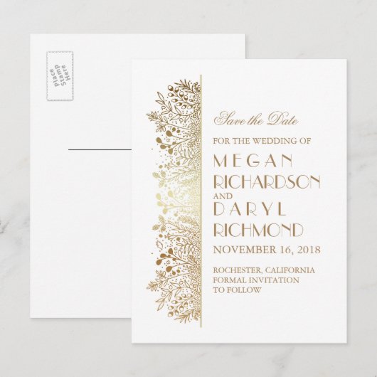 Gouden filigraan Elegant Bloemen Save the Date Aankondigingskaart (Voorkant / Achterkant)