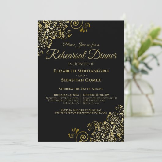 Gouden filigraan op zwarte bruiloft repetitie & di kaart (Staand voorkant)