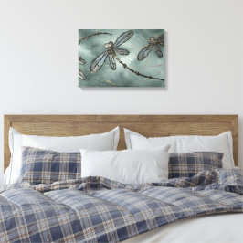 Gouden Fleck Dragonflies op Gunmetal Grey Canvas Afdruk