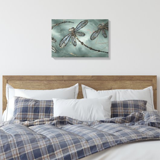 Gouden Fleck Dragonflies op Gunmetal Grey Canvas Afdruk (Insitu (Slaapkamer))
