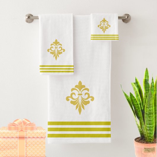 Gouden Fleur de Lis, Drie Strepen op Wit Bad Handdoek