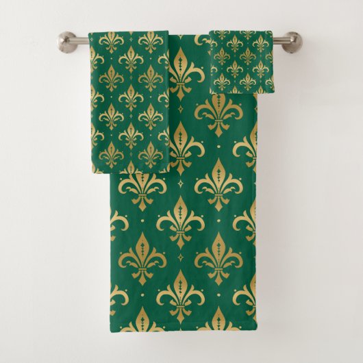 Gouden fleur-de-lis naadloos patroon op groen bad handdoek (Insitu)