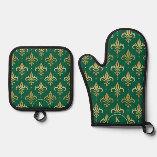 Gouden fleur-de-lis naadloos patroon op groen ovenwant & pannenlap set (Voorkant)