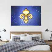 Gouden Fleur de Lis op Blauw Canvas Afdruk (Insitu (Slaapkamer))