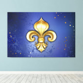 Gouden Fleur de Lis op Blauw Canvas Afdruk (Insitu (Houten vloer))