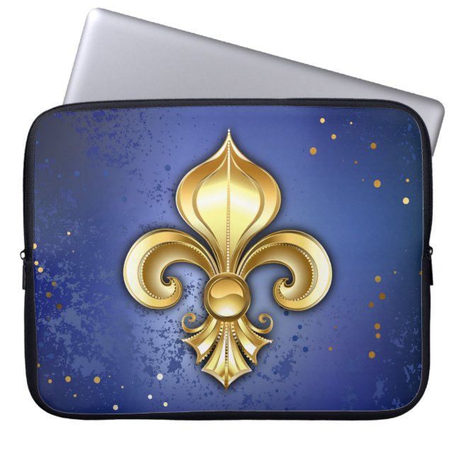 Gouden Fleur de Lis op Blauw Laptop Sleeve (Voorkant)