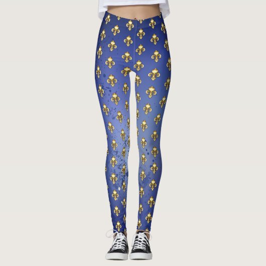 Gouden Fleur de Lis op Blauw Leggings (Voorkant)