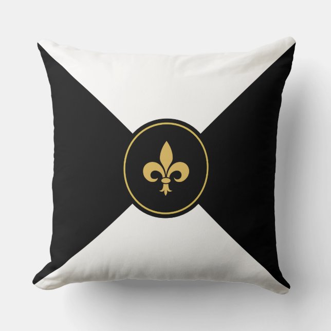 Gouden Fleur de Lis op Zwart en Wit Kussen (Voorkant)