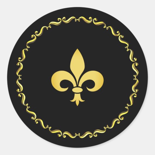 Gouden Fleur de Lis op Zwart Ronde Sticker (Voorkant)