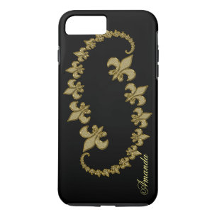 Gouden Fleur-de-lis op zwarte aangepaste monogram Case-Mate iPhone Case