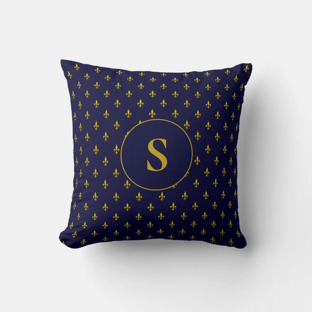 Gouden Fleur de Lis patroon op Royal Blue Monogram Kussen (Voorkant)