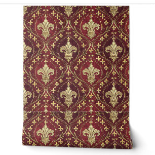 Gouden Fleur-de-lis Rode Fluwelen Koninklijk Ontwe Behang