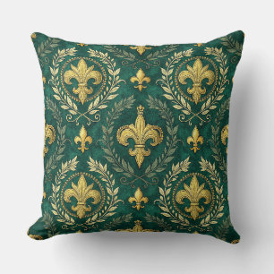 Gouden Fleur-de-lis Smaragdgroen Damast Patroon Ku Kussen