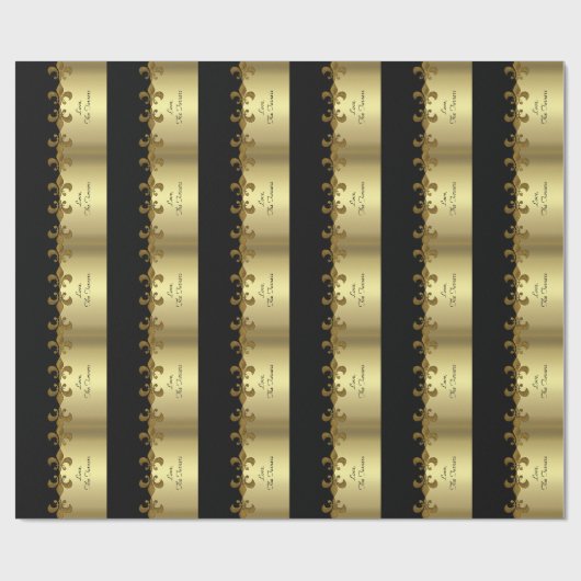 Gouden Fleur-de-lis zwart en goud custom monogram Cadeaupapier (Vlak)
