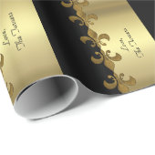 Gouden Fleur-de-lis zwart en goud custom monogram Cadeaupapier (Rol Hoek)