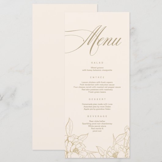 gouden florale pony, Ivory Wedding Menu-kaart Programmakaart (Voorkant / Achterkant)