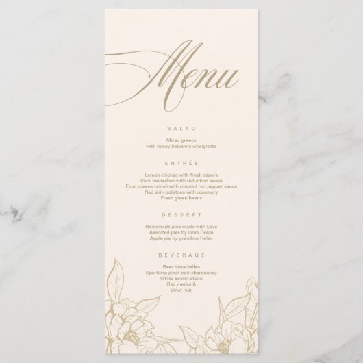 gouden florale pony, Ivory Wedding Menu-kaart Programmakaart (Voorkant)