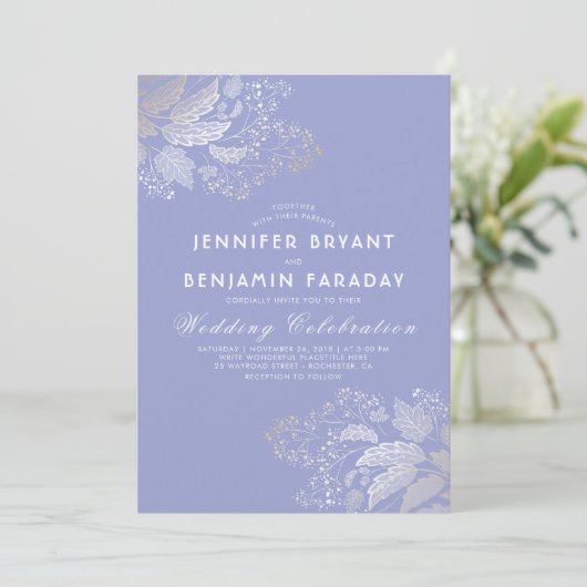 Gouden Foliage Lavendel Paarse Elegante Huwelijk Kaart (Staand voorkant)