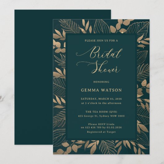 Gouden Foliage Leaf Bridal Douche uitnodiging (Voorkant / Achterkant)