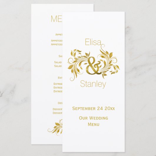 Gouden folie ampersand en scroll bruiloft menukaar menu (Voorkant / Achterkant)