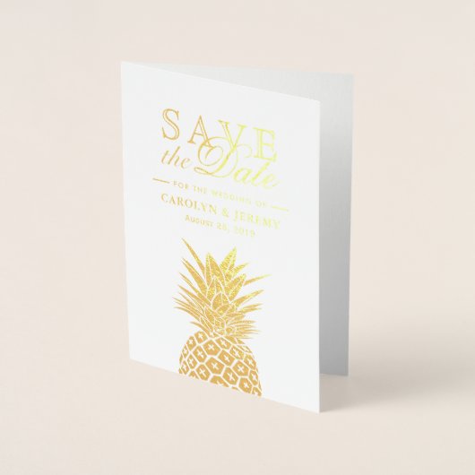 Gouden folie Ananas Tropische bruiloft Save the Da Folie Kaarten (Voorkant)