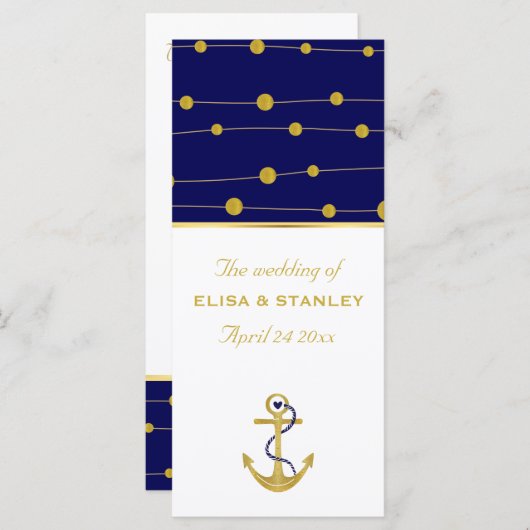Gouden folie anker nautische bruiloft programma programmakaart (Voorkant / Achterkant)