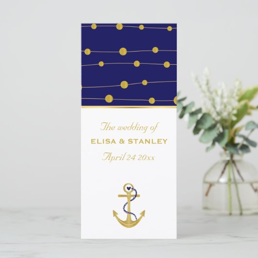 Gouden folie anker nautische bruiloft programma programmakaart (Staand voorkant)