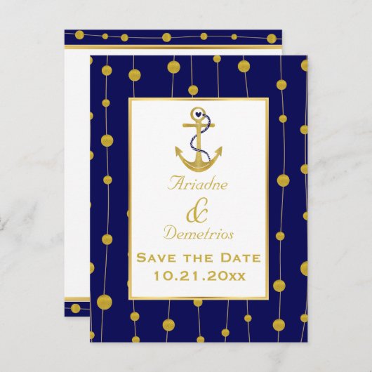 Gouden folie anker nautische bruiloft Save the Dat Aankondigingskaart (Voorkant / Achterkant)