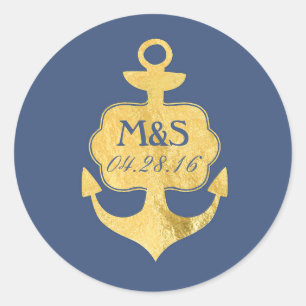 Gouden folie Anker Navy Bruiloft Ronde Sticker