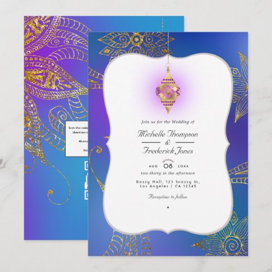 Gouden Folie Arabische Bollywood QR Code RSVP Huwe Kaart (Voorkant / Achterkant)