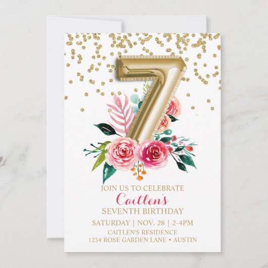 Gouden folie ballon 7e verjaardag bloemen wilde bl kaart (Voorkant)