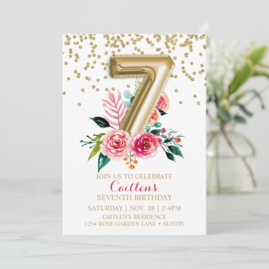 Gouden folie ballon 7e verjaardag bloemen wilde bl kaart (Staand voorkant)