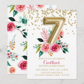 Gouden folie ballon 7e verjaardag bloemen wilde bl kaart (Voorkant / Achterkant)