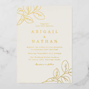 Gouden Folie Bladeren & Beige Wedding Uitnodiging