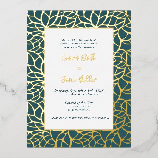 Gouden Folie Bladgroen Bruiloft Uitnodiging Kaart (Voorkant)