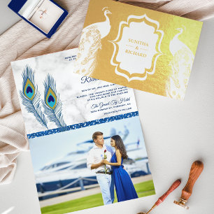 Gouden Folie Blauwe Peacock Veren Bruiloft Uitnodi Kaarten