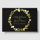 Gouden Folie Bloem Krans Elegante Zwarte Huwelijk Gastenboek (Voorkant)