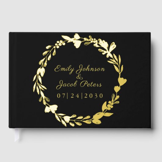 Gouden Folie Bloem Krans Elegante Zwarte Huwelijk Gastenboek (Voorkant)