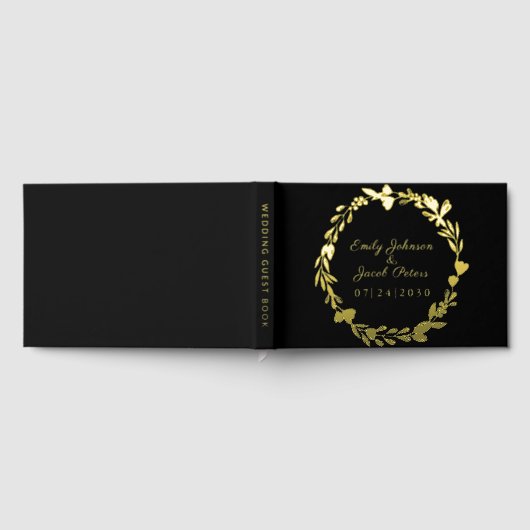 Gouden Folie Bloem Krans Elegante Zwarte Huwelijk Gastenboek (Volledig)
