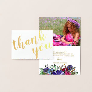 Gouden Folie Bloemen Boeket Dank u Foto en Naam Kaarten