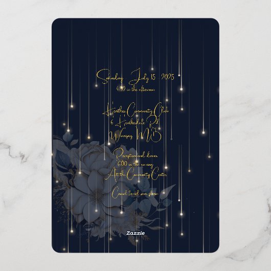 Gouden Folie Bloemen en Lichten Marine Elegante Hu Folie Uitnodiging (Achterkant)