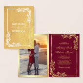 Gouden folie Bloemen Foto Rode bruiloft uitnodigin Folie Kaarten (Display)