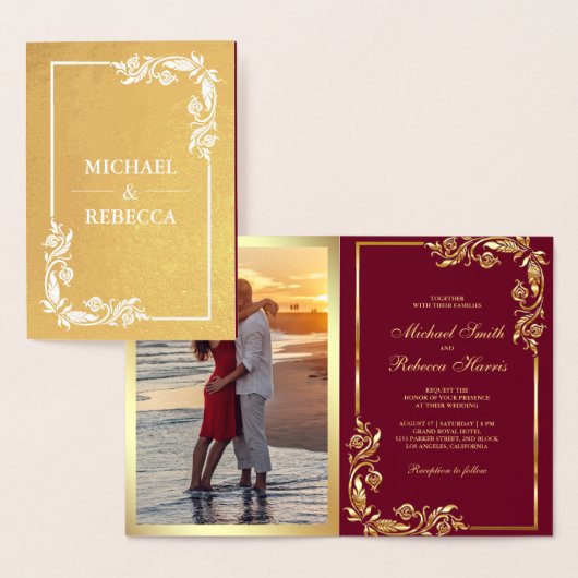 Gouden folie Bloemen Foto Rode bruiloft uitnodigin Folie Kaarten (Display)