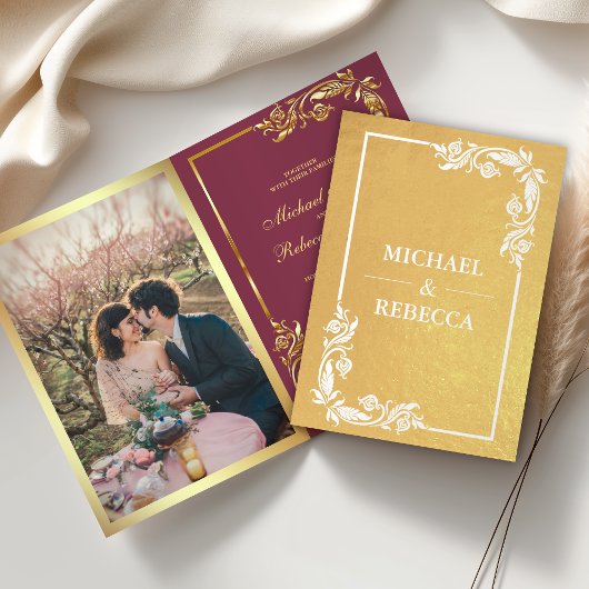 Gouden Folie Bloemen Foto Roze Bruiloft Uitnodigin Folie Kaarten