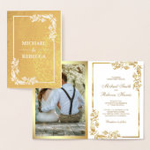 Gouden Folie Bloemen Foto Wit Bruiloft Uitnodiging (Display)