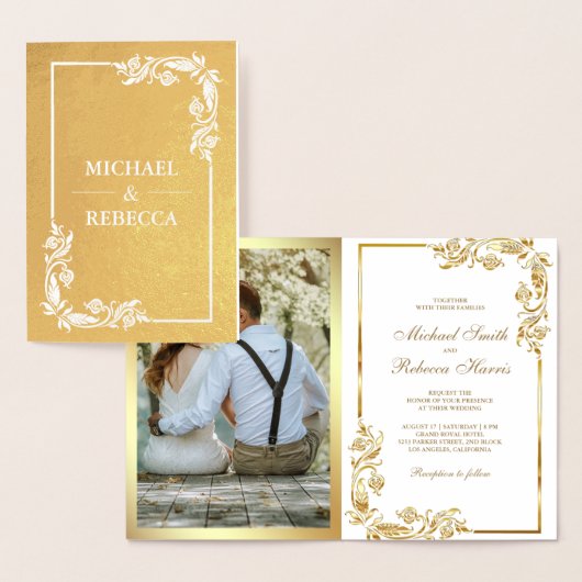 Gouden Folie Bloemen Foto Wit Bruiloft Uitnodiging (Display)