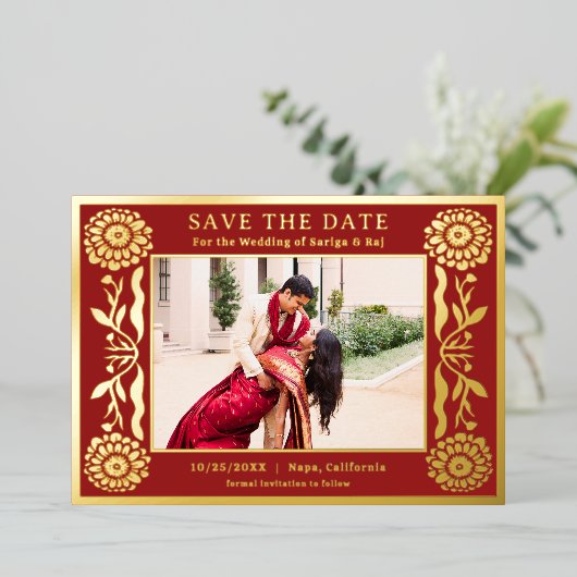 Gouden folie Bloemen goudsbloem indiaan Save the d Folie Uitnodiging (Staand Voorkant)