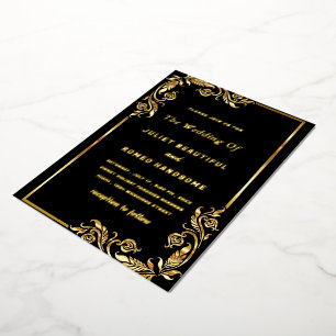 Gouden folie Bloemen ingelijst Zwart bruiloft uitn Folie Uitnodiging