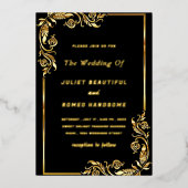 Gouden folie Bloemen ingelijst Zwart bruiloft uitn Folie Uitnodiging (Voorkant)