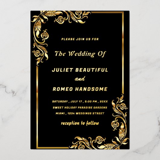 Gouden folie Bloemen ingelijst Zwart bruiloft uitn Folie Uitnodiging (Voorkant)